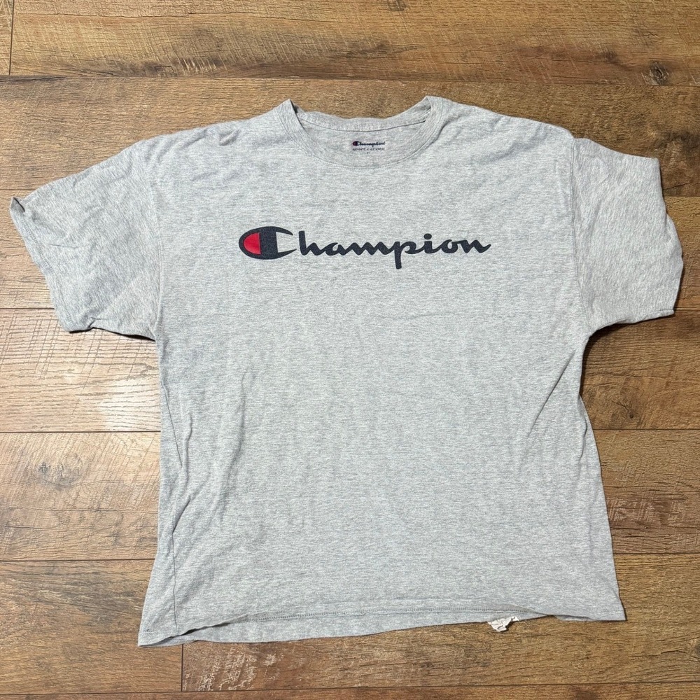 Champion Mens Script Logo T-Shirt Heather‎ Gray Short Sleeve Crew Neck XL - Picture 1 of 6